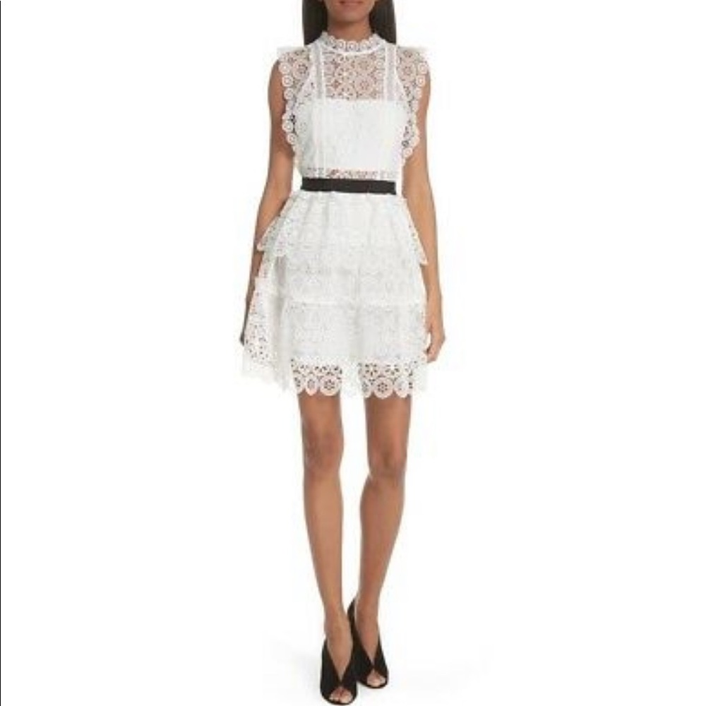 NWT SELF-PORTRAIT : Floral White Lace Tiered Dress - Size US 02